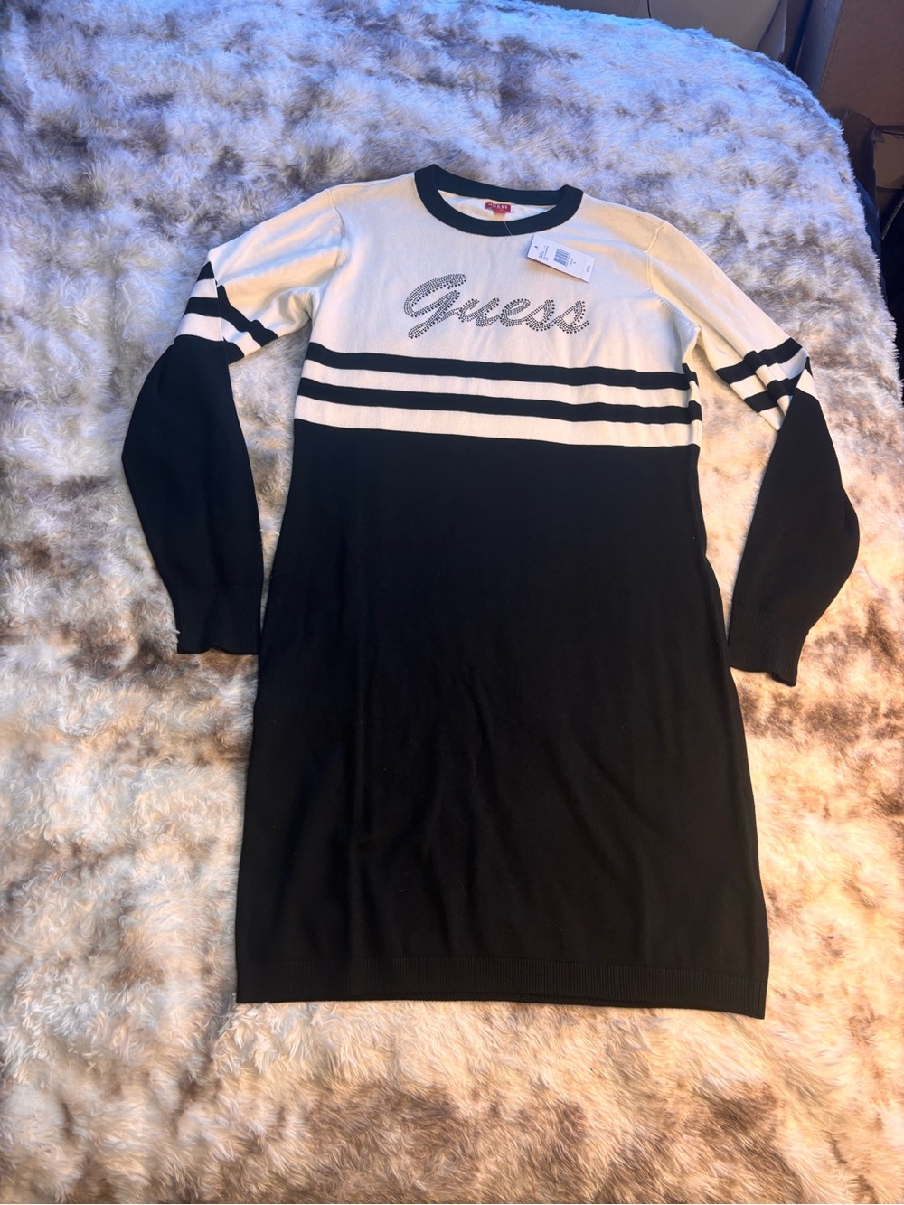 GUESS Black & white Logo Stripe Knit Dress